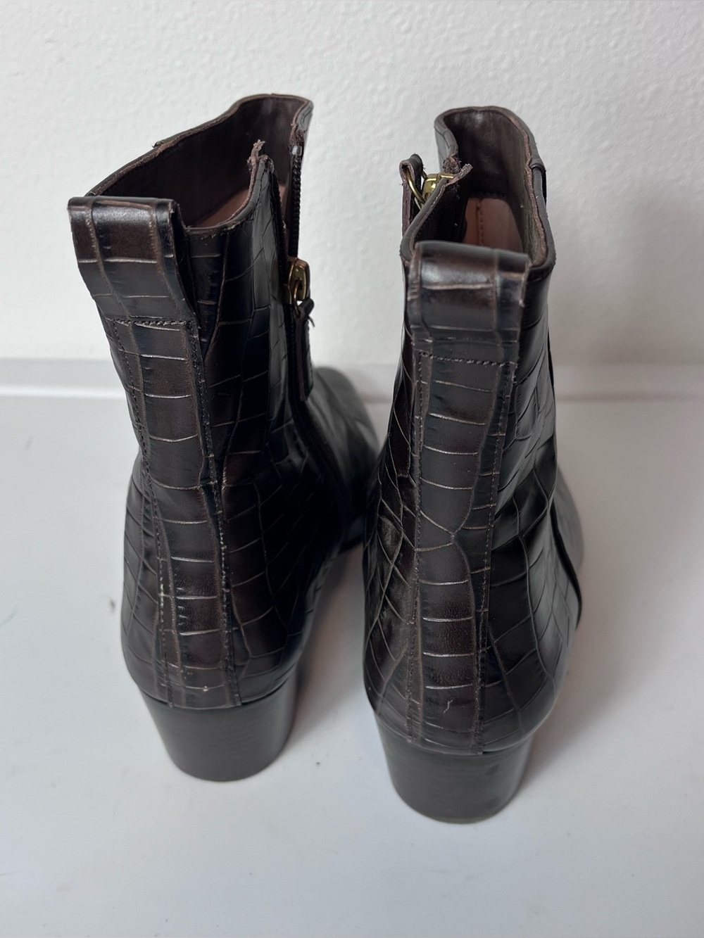 J Crew Chocolate Brown Croc Embossed Leather Western Boots Heeled 10 Crocodile - Picture 4 of 6